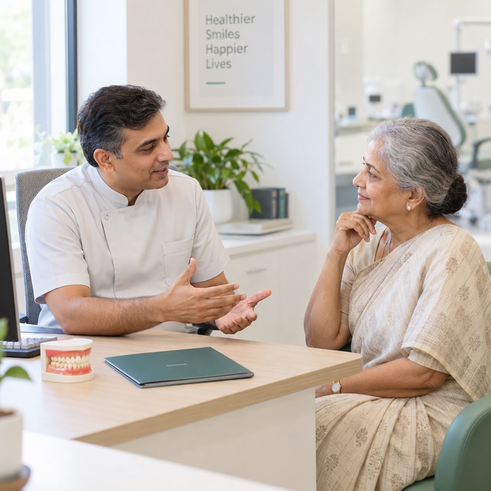 A clinician talking an older patient through her treatment options at the desk