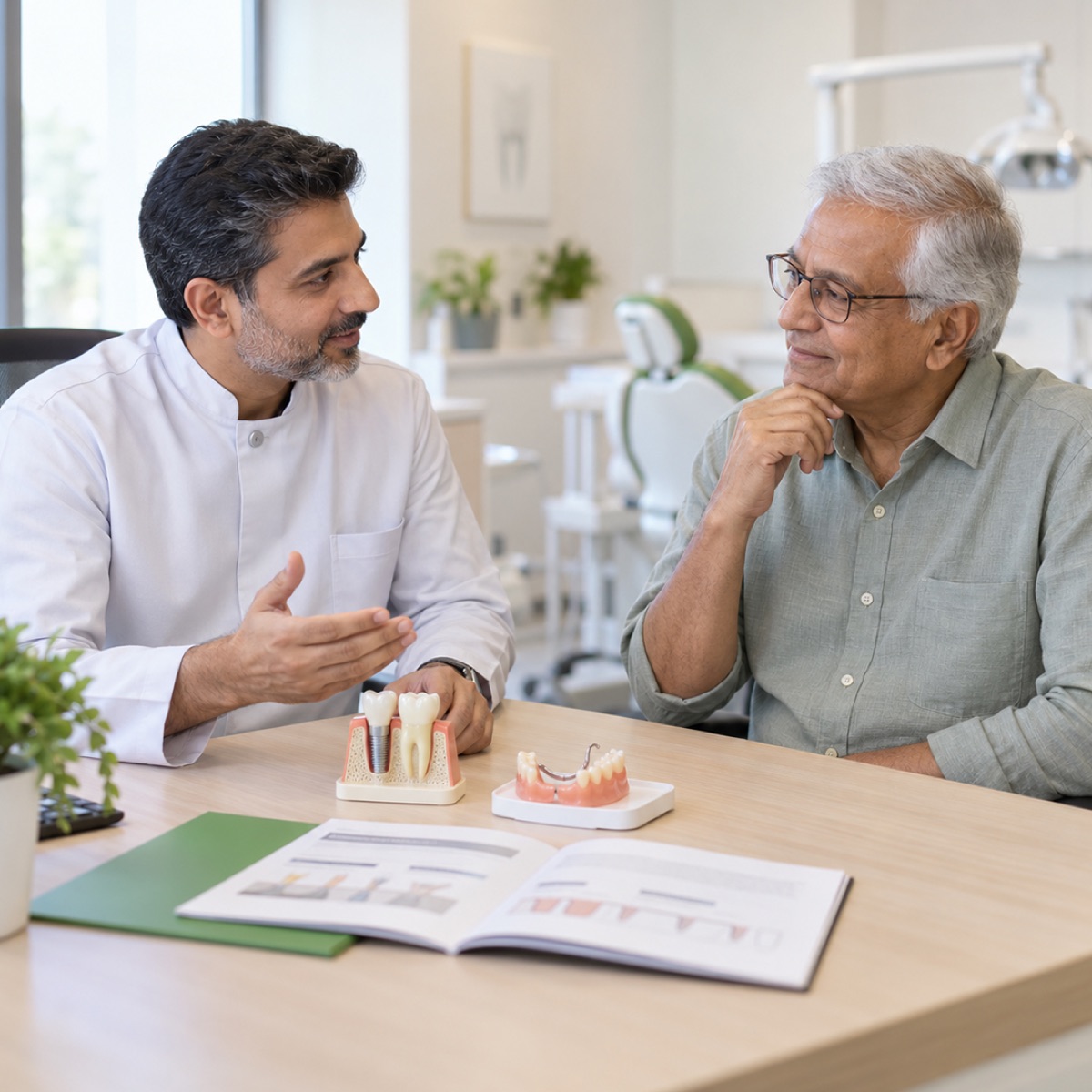 A clinician explaining implant and denture options to an older patient, both seated at the desk