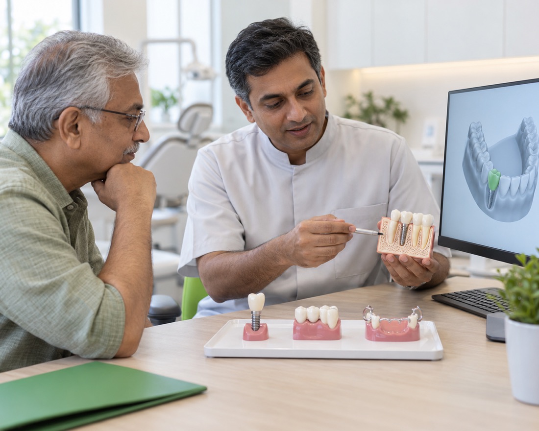 A clinician showing an older patient implant, bridge and denture models side by side on a tray