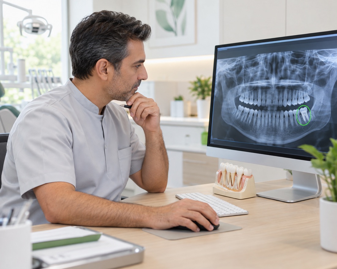 A clinician studying a patient's jaw x-ray with the implant site marked