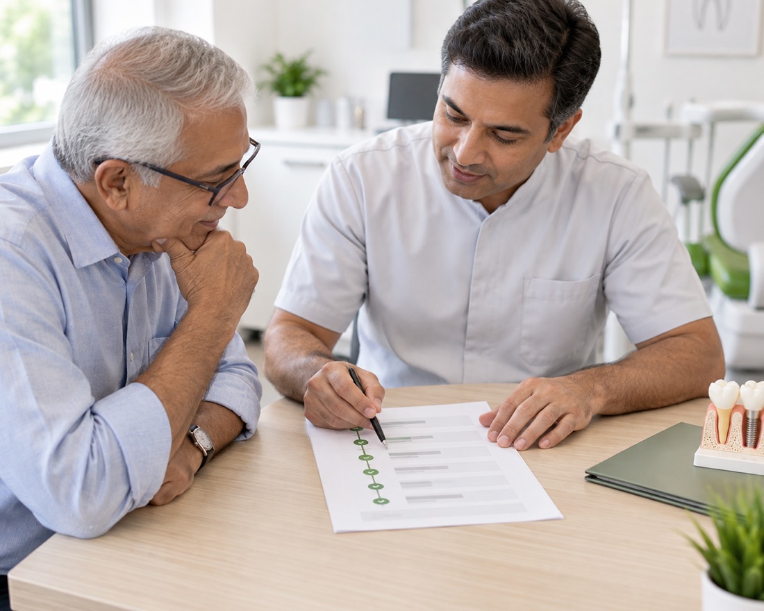 A clinician going through a written treatment plan with an older patient