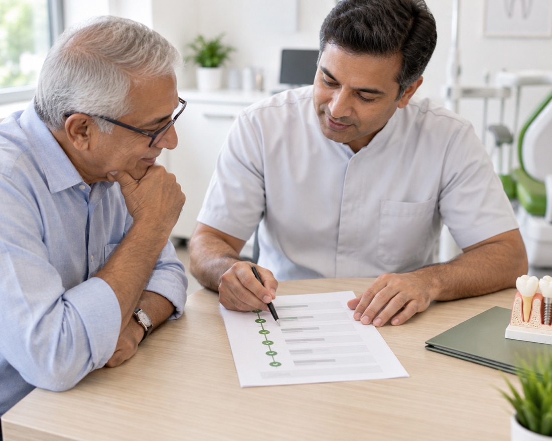 A clinician walking an older patient through the stages of treatment on a printed plan