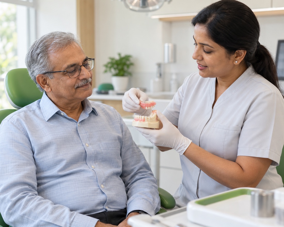 A clinician showing a denture to an older patient seated in the chair