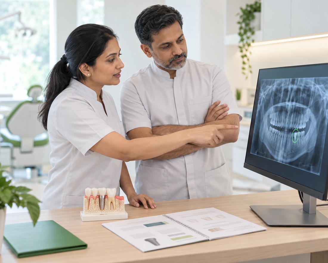 Two clinicians reviewing a patient's x-ray and implant plan together